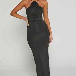 Showpo Bodycon Ruched Asymmetric Strap Rosette Dress in Black